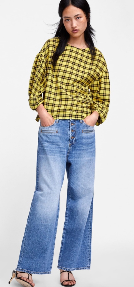 Zara Plaid Blouse With Pleated Sleeve